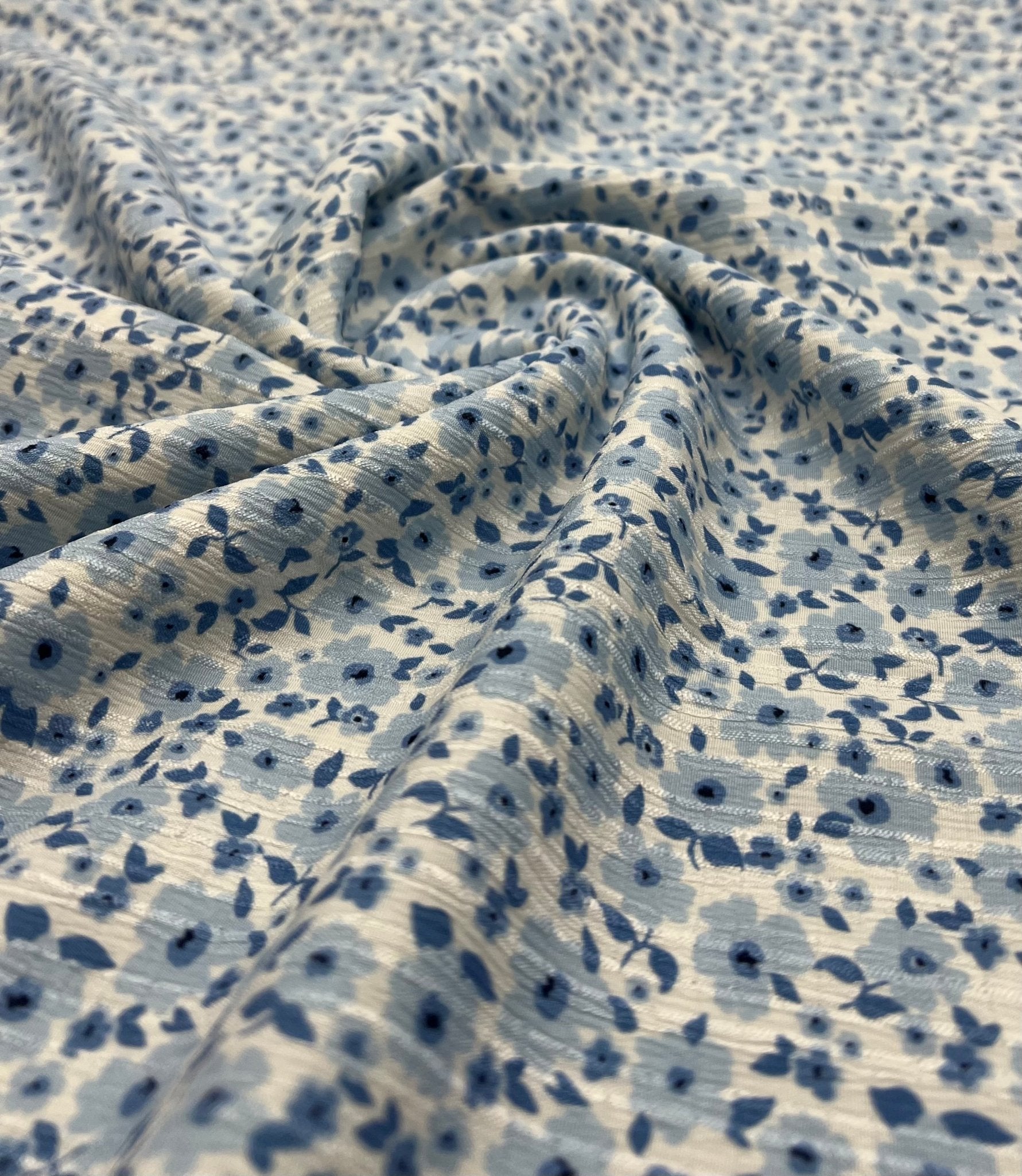 Blue Floral Textured Crinkle Lightweight Non Stretch Fabric - T9 Fabrics